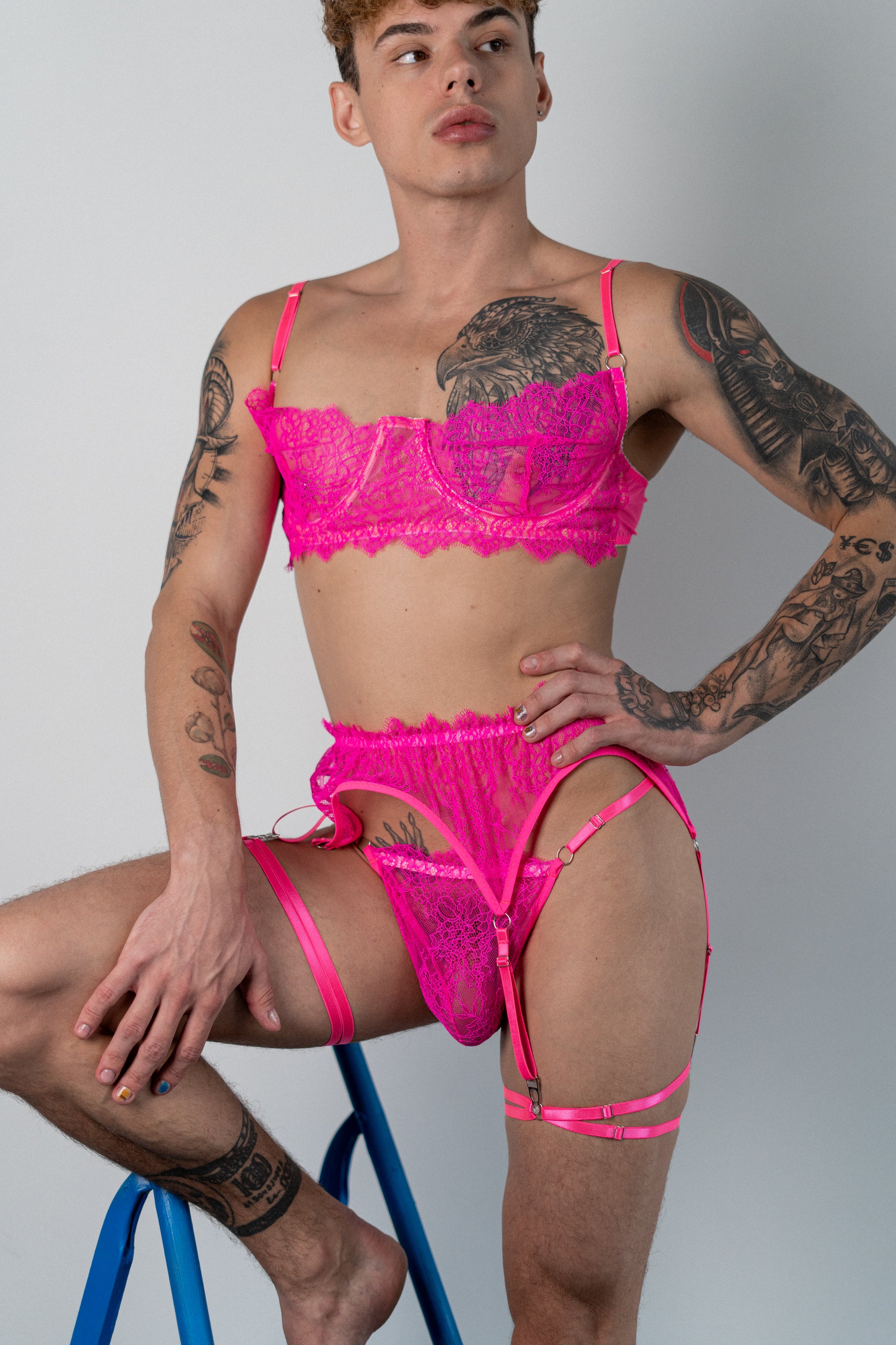 Neon pink feminine male underwear set – lace panties, bra, and garter belts for men by Fireponyshop