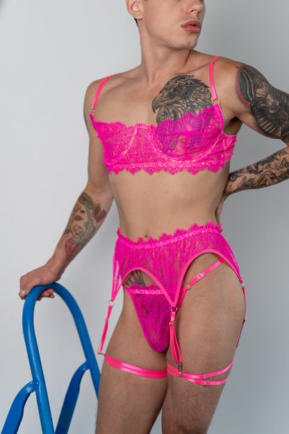 Men's neon pink lace underwear set – includes bra, panties, and garter belts for a bold look