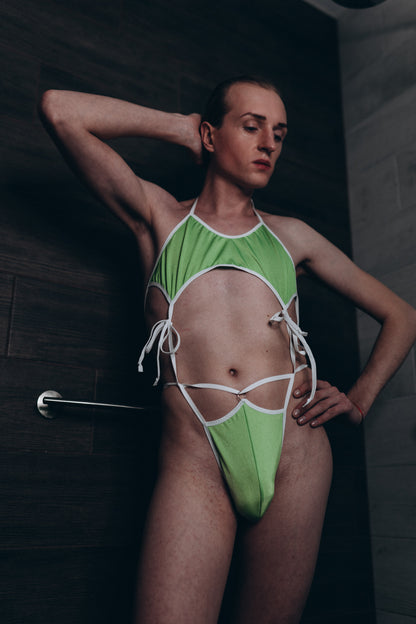 Neon Green Mens Thong Bikini Set – Sexy Cut Out Lingerie Set for Men