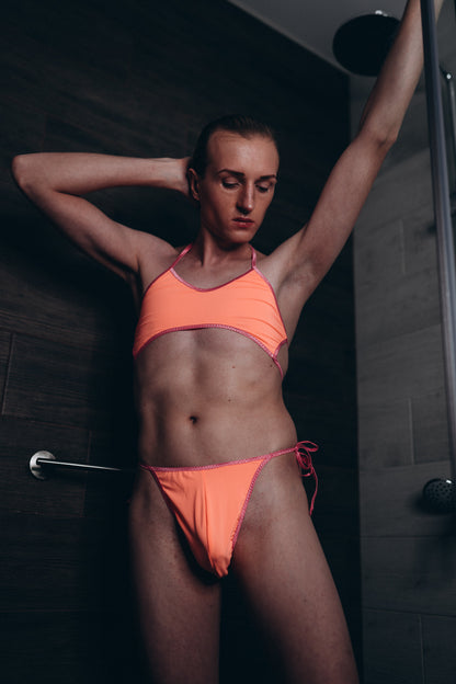 Neon Orange Mens Thong Bikini Set – Sexy Cut Out Lingerie Set for Men