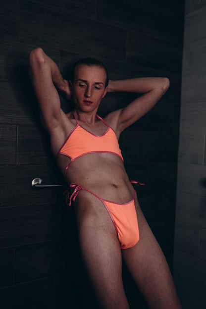 Neon Orange Mens Thong Bikini Set – Sexy Cut Out Lingerie Set for Men