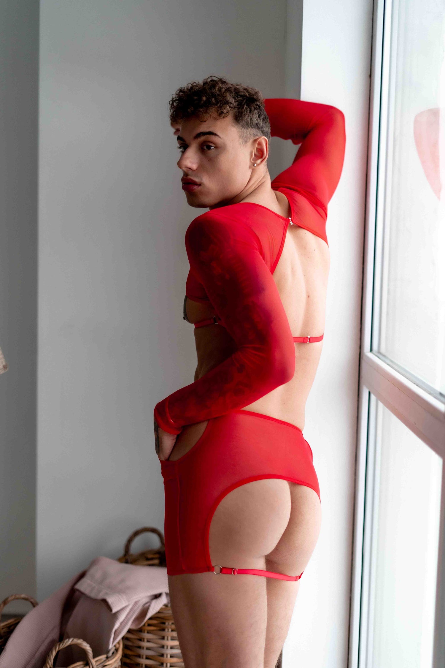 Men’s red mesh top and skirt, crafted for a bold fetish style by Fireponyshop.