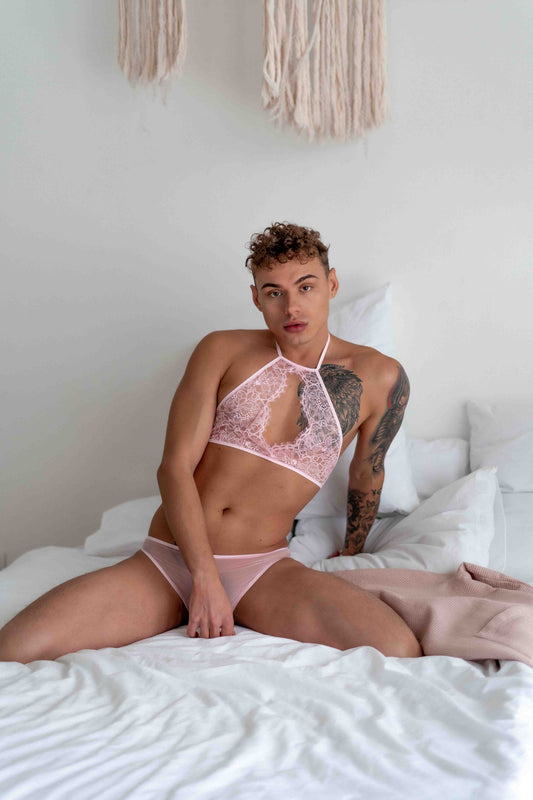 Pink feminine male underwear set featuring lace men’s panties, a mesh bra, and a lace top by Fireponyshop.