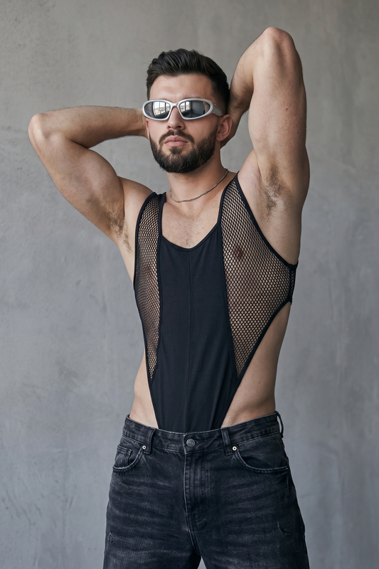 Front view of Firepony men's high-cut black bodysuit with geometric mesh side panels on a white mannequin, minimalist edgy design.