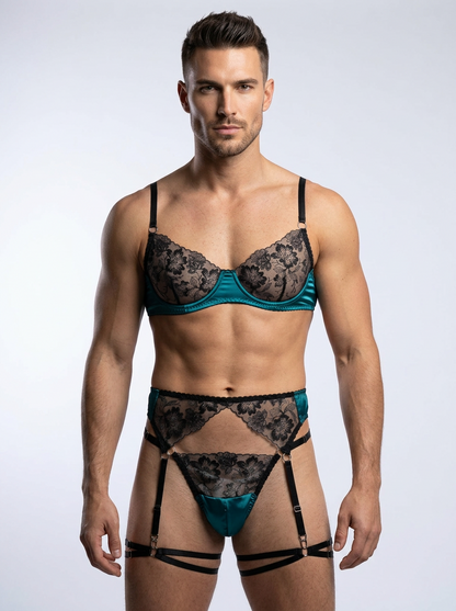 Emerald & Black Lace Men’s Lingerie Set – Luxury Floral Mesh Bra & Thong with Garter Straps