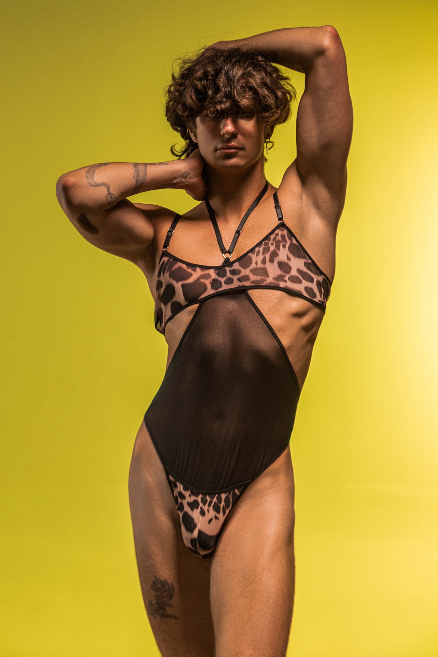 Fierce cut-out bodysuit for men with leopard print