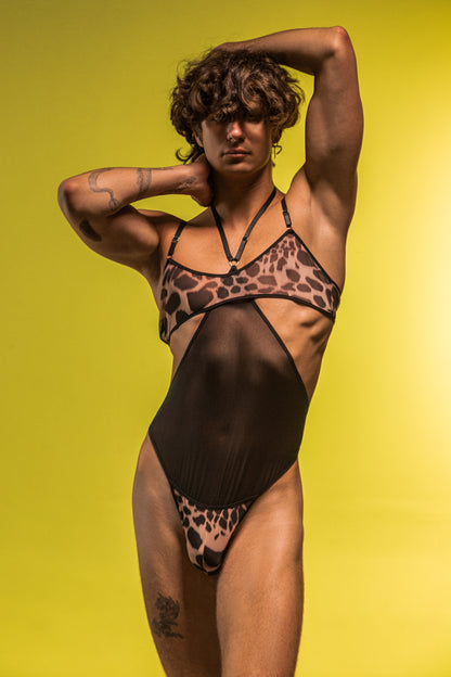 Fierce cut-out bodysuit for men with leopard print
