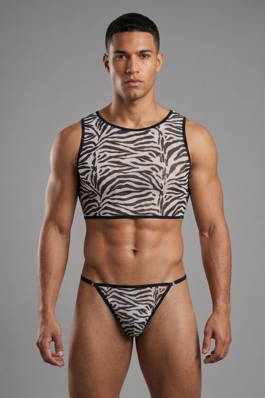 Zebra Print Mesh Lingerie Set for Men – Sheer Crop Top & G-String