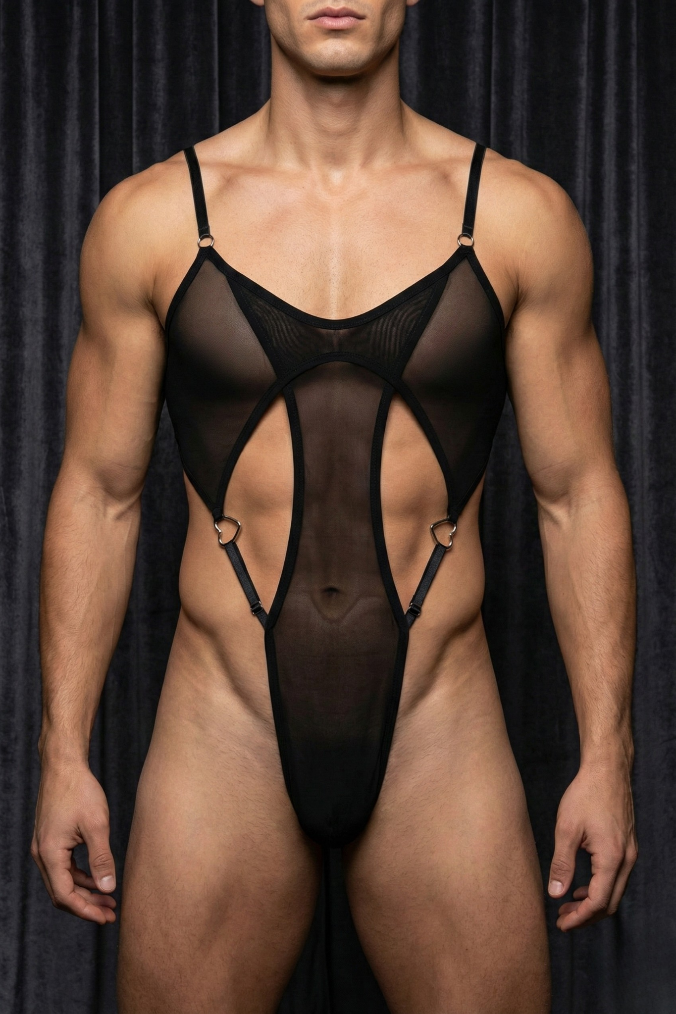 Black Mesh Cut-Out Bodysuit Men – Sheer Thong Bodysuit Gay Lingerie, Sexy Femboy Bodysuit, Sissy One-Piece Men’s Lingerie