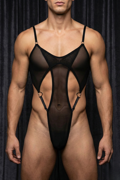 Black Mesh Cut-Out Bodysuit Men – Sheer Thong Bodysuit Gay Lingerie, Sexy Femboy Bodysuit, Sissy One-Piece Men’s Lingerie