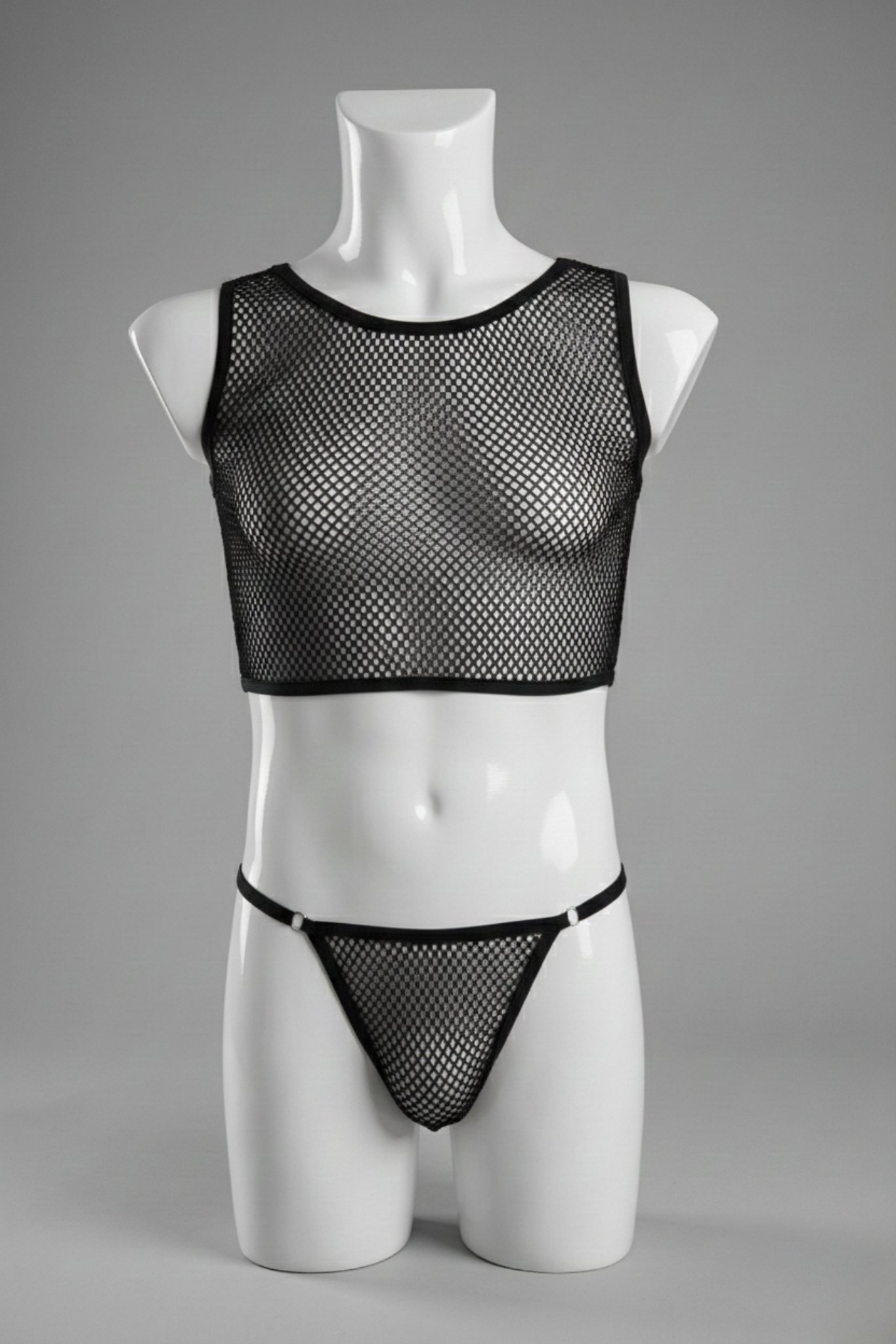 Black Mesh Lingerie Set for Men – Fishnet Crop Top & String Bikini