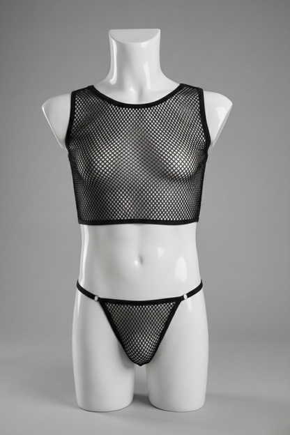 Black Mesh Lingerie Set for Men – Fishnet Crop Top & String Bikini