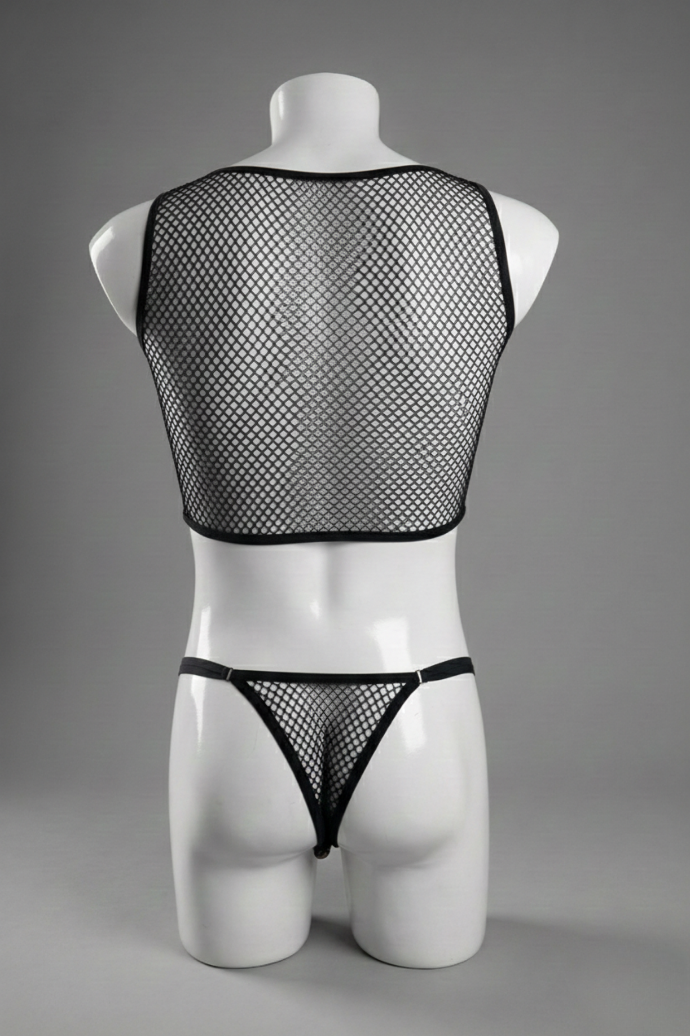 Black Mesh Lingerie Set for Men – Fishnet Crop Top & String Bikini