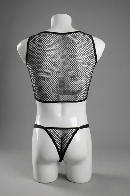 Black Mesh Lingerie Set for Men – Fishnet Crop Top & String Bikini