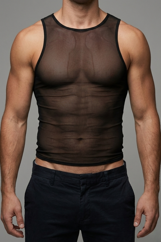 Men’s Sheer See-Through Black Mesh Tank Top – Sheer Muscle Fit Vest