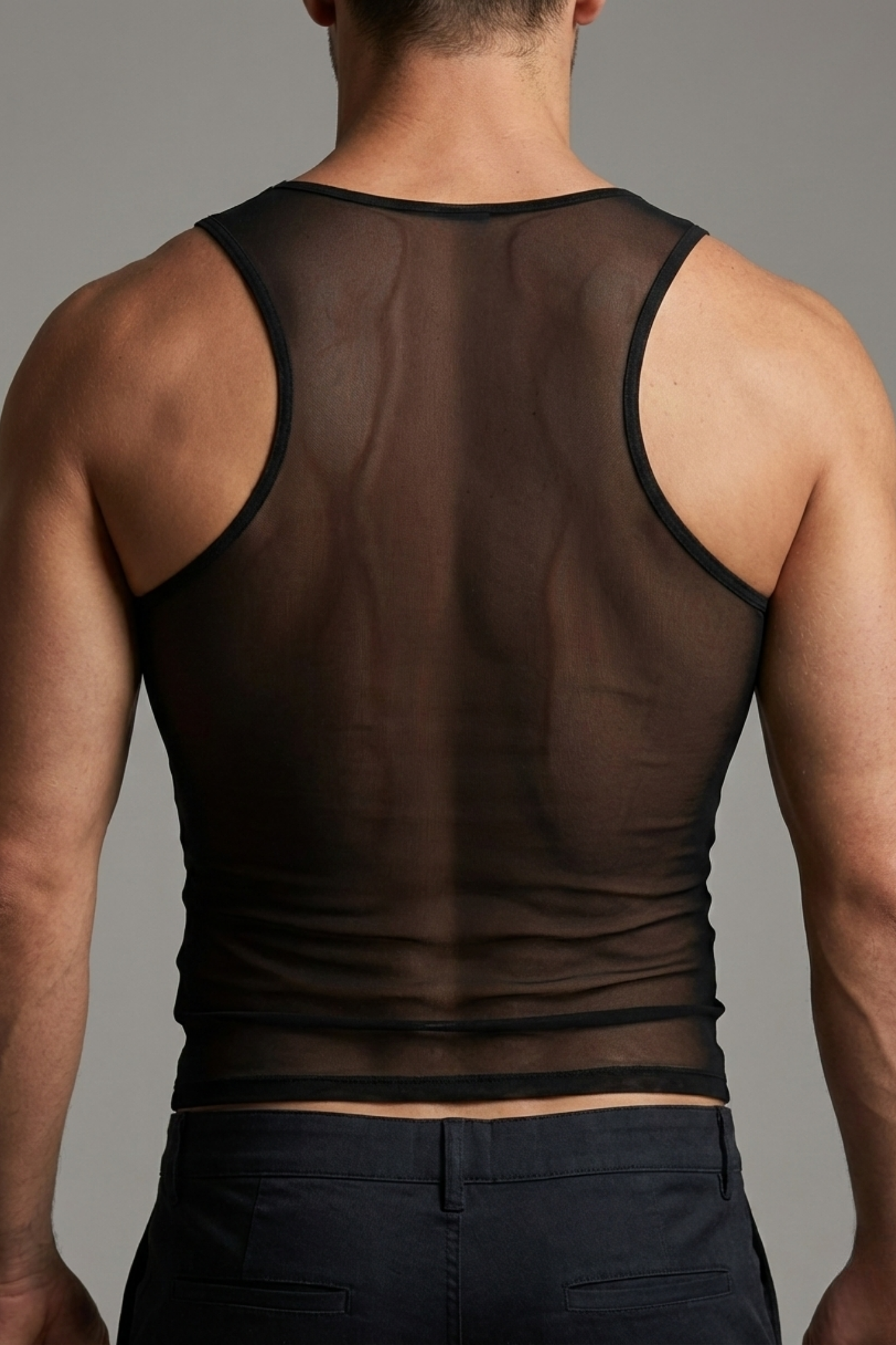 Men’s Sheer Mesh Tank Top – Black See-Through Sleeveless Shirt for Layering