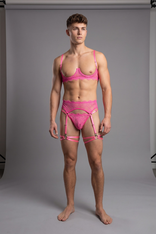 Hot Pink Men's Lace Lingerie Set: Cupless Bra, Garter Belt & Thong