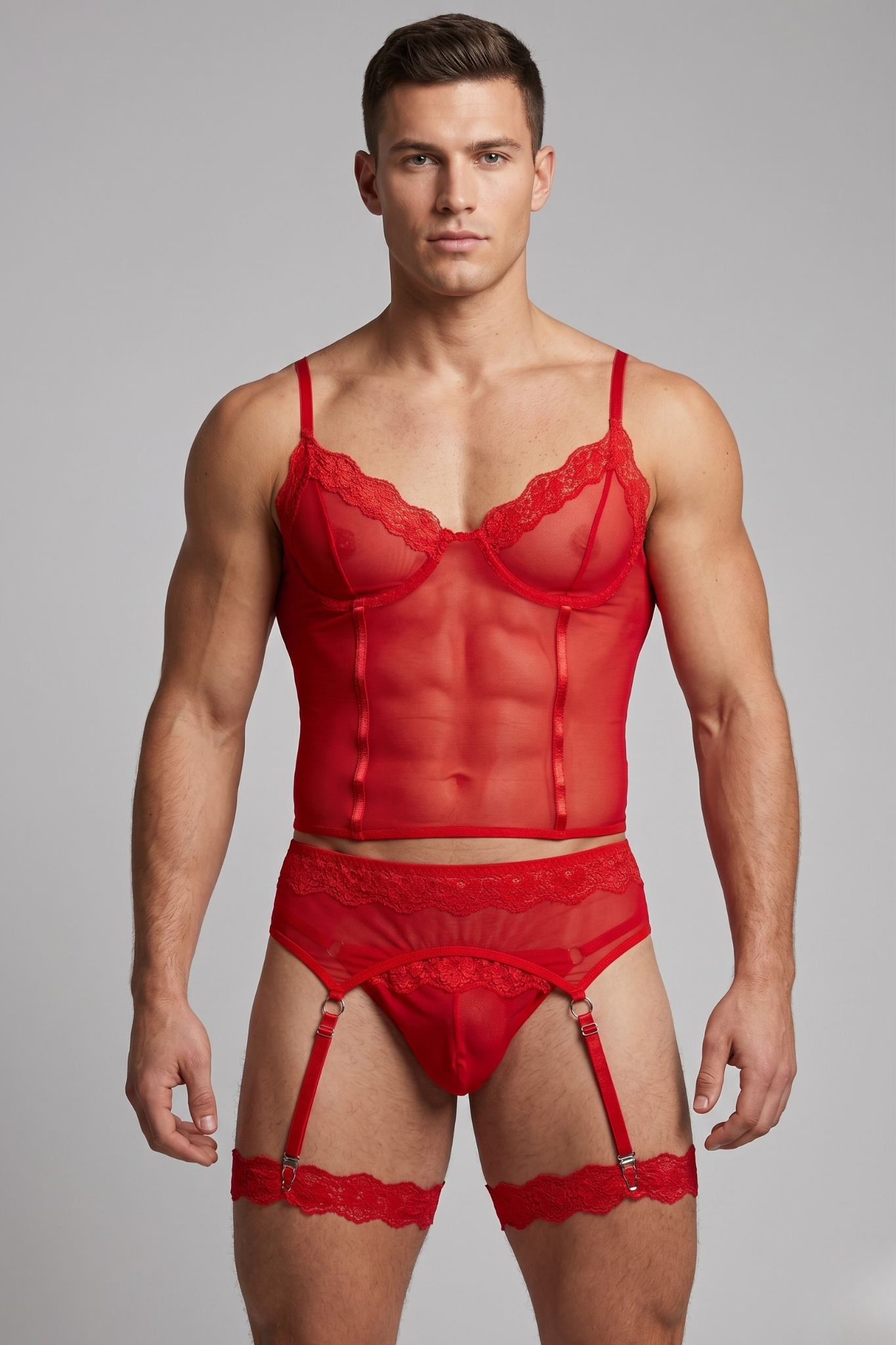 Red Mesh Feminine male underwear set - Men's panties, Men`s corset bra, Garter belts for men