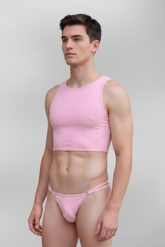 Mesh Baby Pink Crop Top and Thong Set – Sexy Two-Piece Lingerie