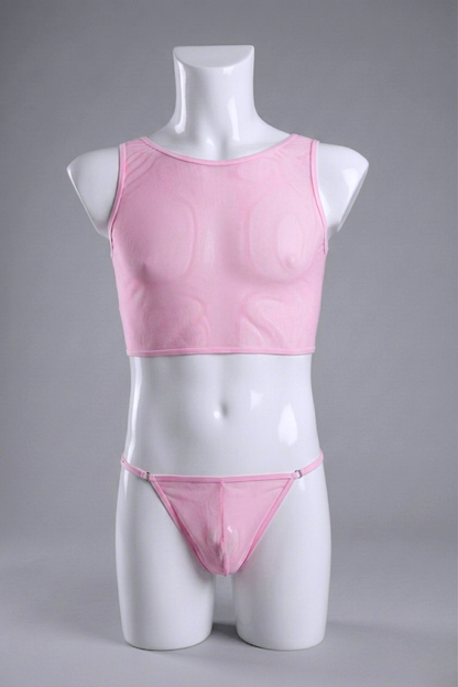 Mesh Baby Pink Crop Top and Thong Set – Sexy Two-Piece Lingerie