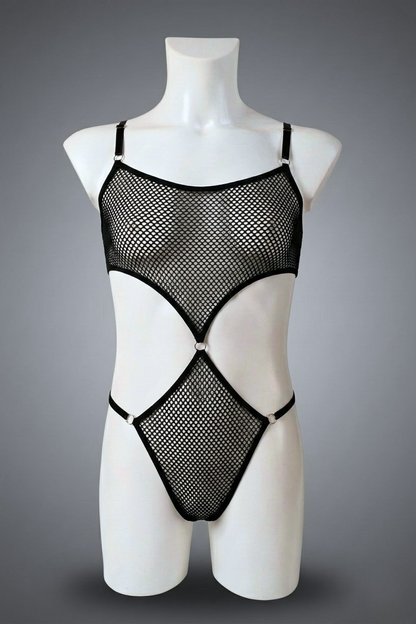 Black Fishnet Body Thong for Men – Mesh Monokini Bodysuit with Ring Detail