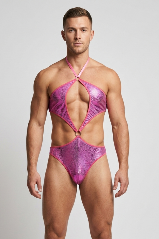 Holographic Pink Metallic Men's Cutout Bodysuit – Exotic Rave & Festival Monokini with Ring Details