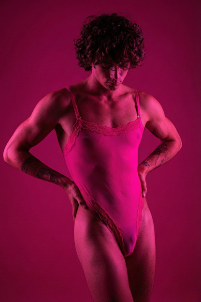 Hot Pink Mesh Men's Bodysuit - Sheer Neon Lace Teddy for Men - Femboy Sissy High-Cut One Piece - FirePony Unbound Love