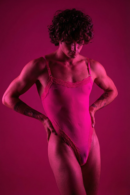 Hot Pink Mesh Men's Bodysuit - Sheer Neon Lace Teddy for Men - Femboy Sissy High-Cut One Piece - FirePony Unbound Love