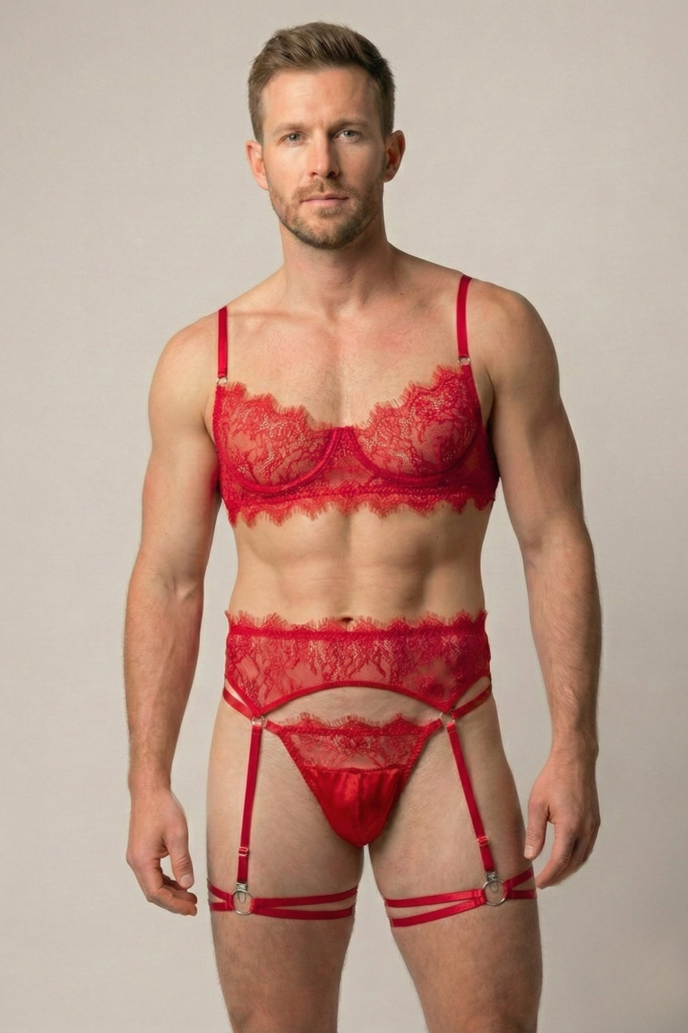 Red Lace Lingerie  4-Piece Set for Men - Mens Bra and Garter Belt, Sexy Lace Thong