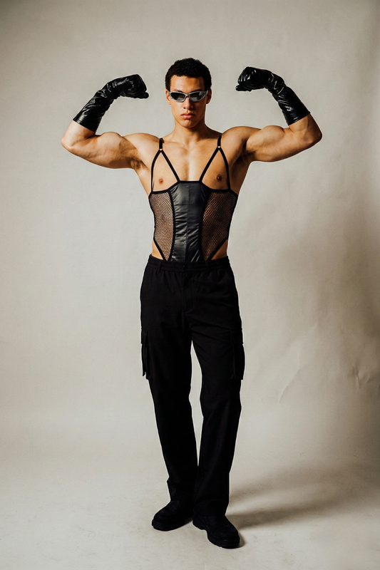 Men’s Sexy Mesh & Faux Leather Bodysuit – Rave & Festival Outfit