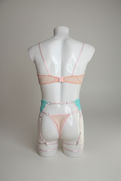 Mint Green and Pink Men's Lace Lingerie Set: Cupless Bra & Garter Harness
