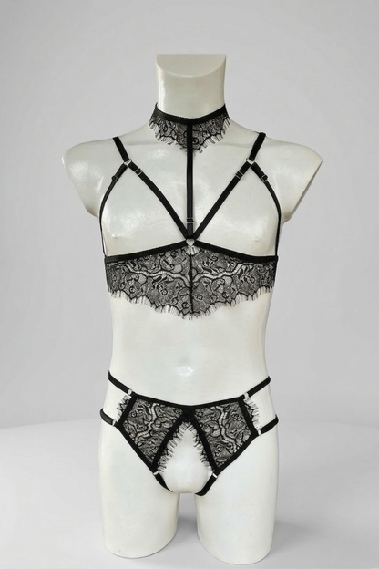 Black Eyelash Lace Men’s Lingerie Set – Harness Style Bra with Choker & Open Crotch Thong
