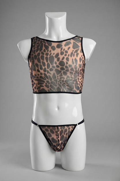 Leopard Print Mesh Lingerie Set for Men – Sheer Crop Top & G-String
