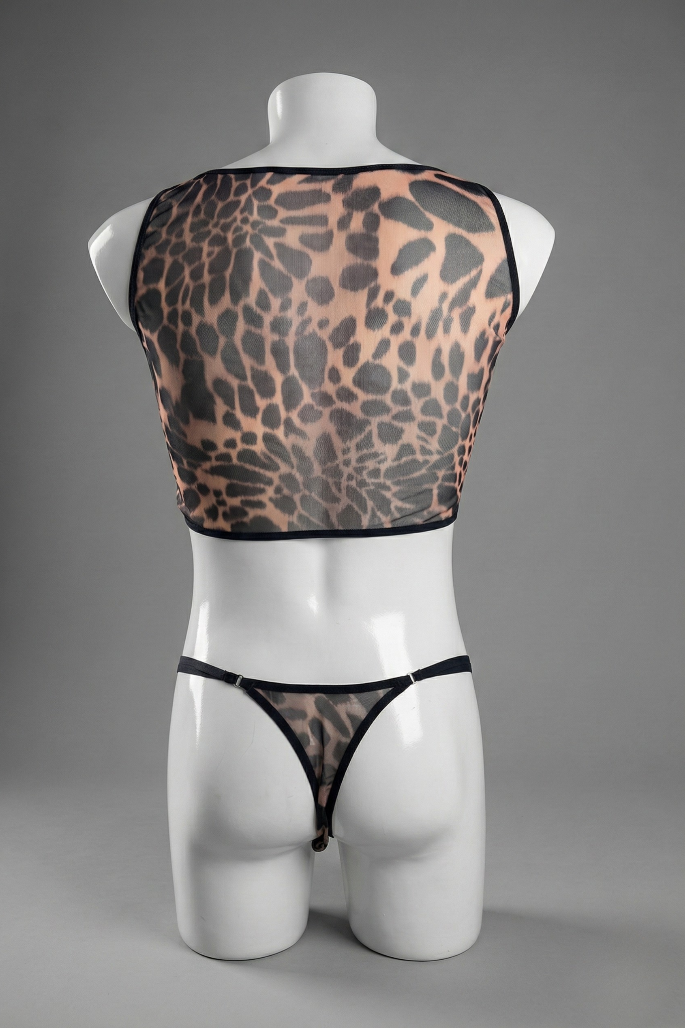 Leopard Print Mesh Lingerie Set for Men – Sheer Crop Top & G-String