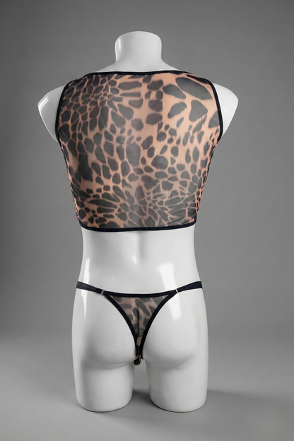 Leopard Print Mesh Lingerie Set for Men – Sheer Crop Top & G-String