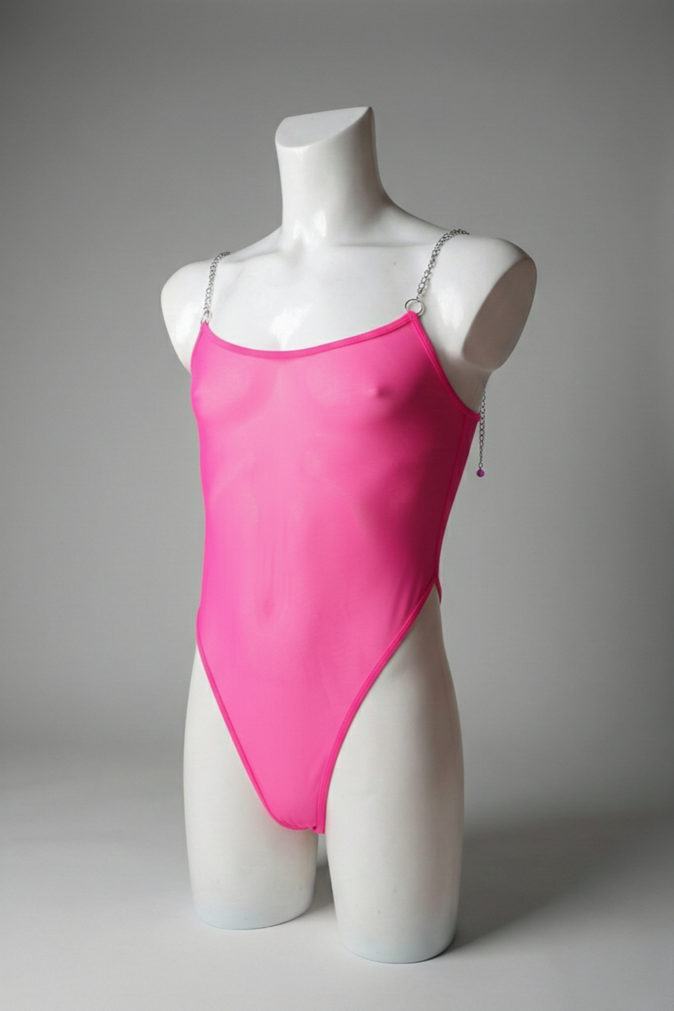 Men's Hot Pink Sheer Mesh Bodysuit with Metal Chain Straps - Vibrant Rave Leotard
