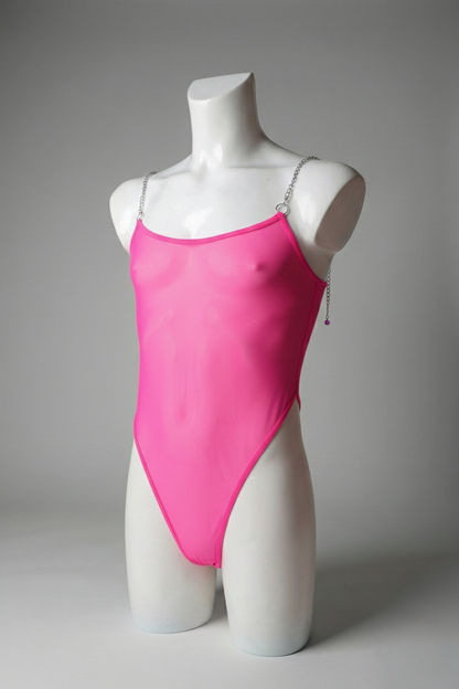 Men's Hot Pink Sheer Mesh Bodysuit with Metal Chain Straps - Vibrant Rave Leotard