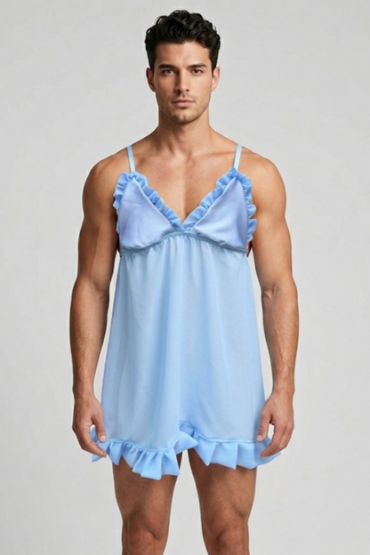 Light Blue Ruffle Babydoll Nightie – Satin & Chiffon Men's Nightgown