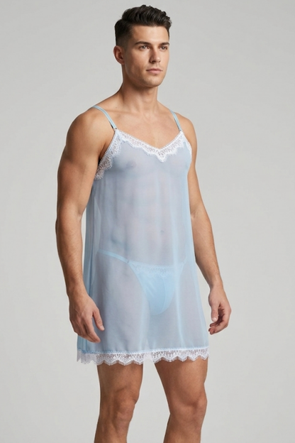 Sheer Blue Lace Nightshirt – Soft Chemise Lingerie for Men