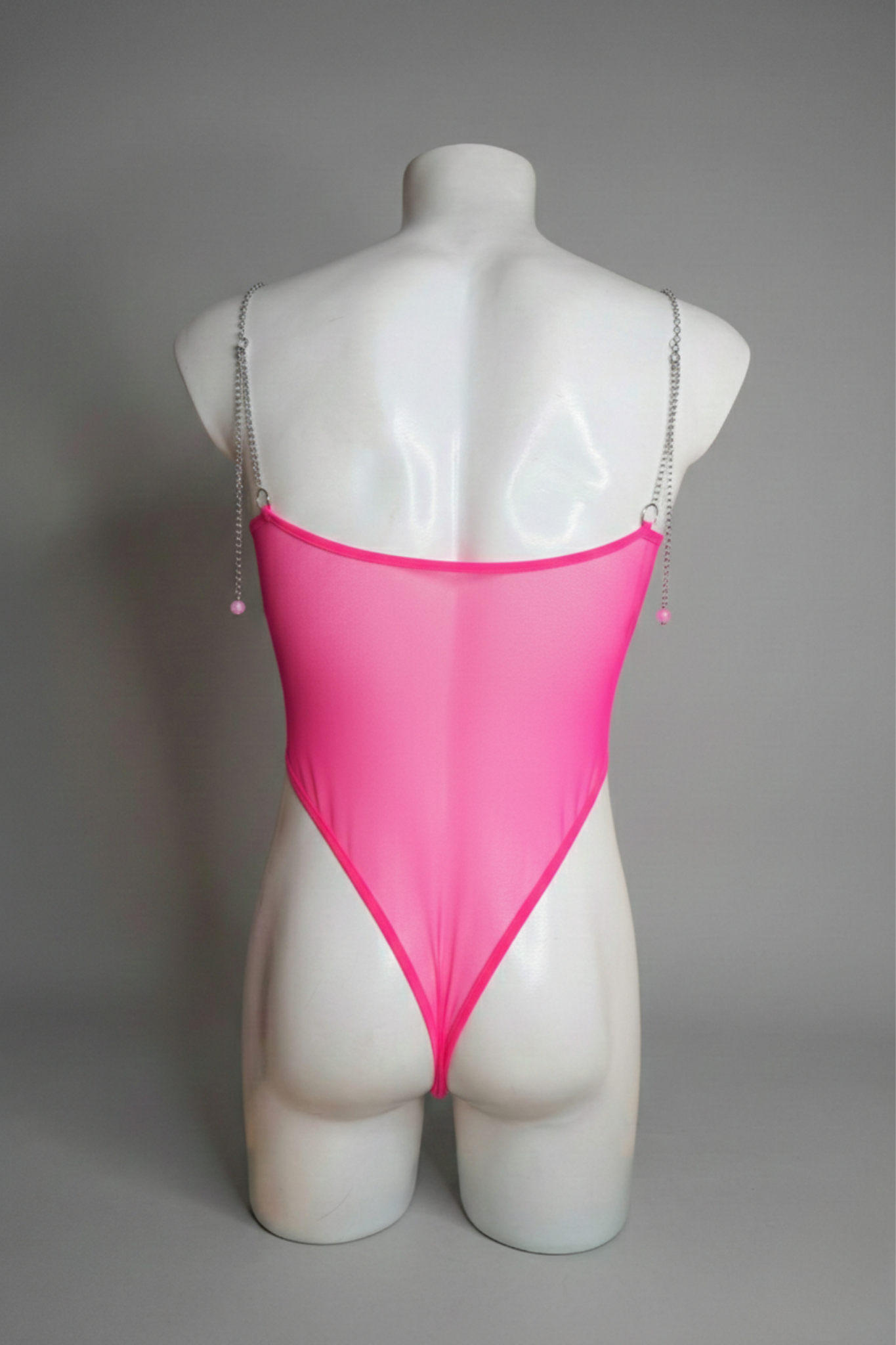 Men's Hot Pink Sheer Mesh Bodysuit with Metal Chain Straps - Vibrant Rave Leotard