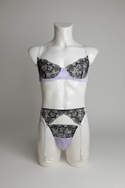 Luxury Lavender & Black Lace Men's Lingerie Set – Floral Embroidery Bra & Garter Thong