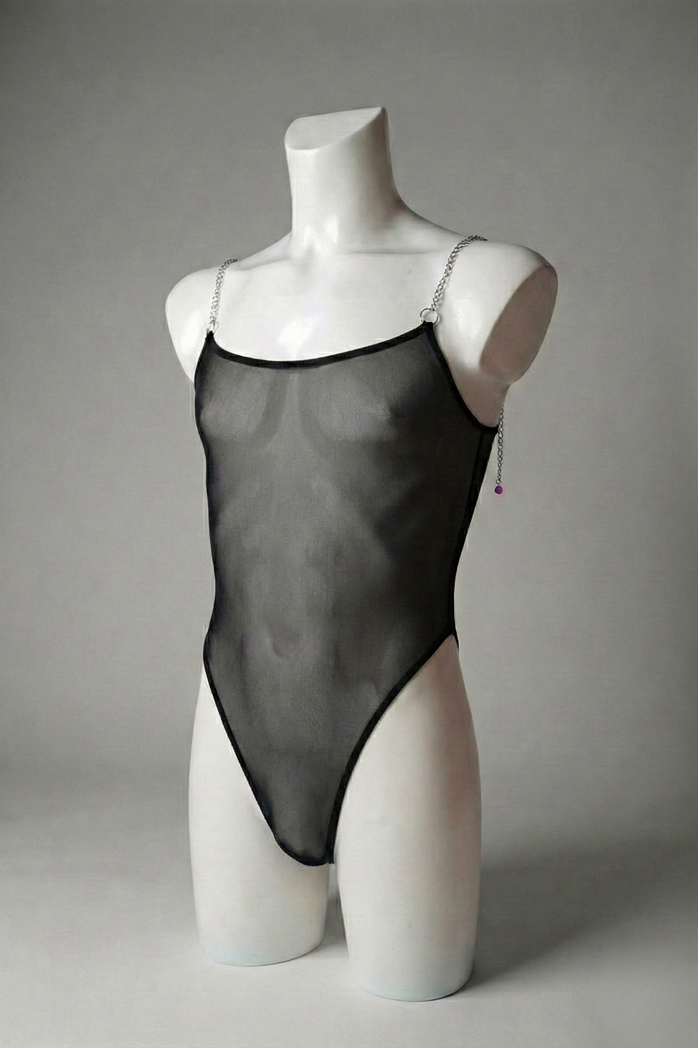 Men's Black Sheer Mesh Bodysuit with Metal Chain Straps - Gothic Rave Leotard