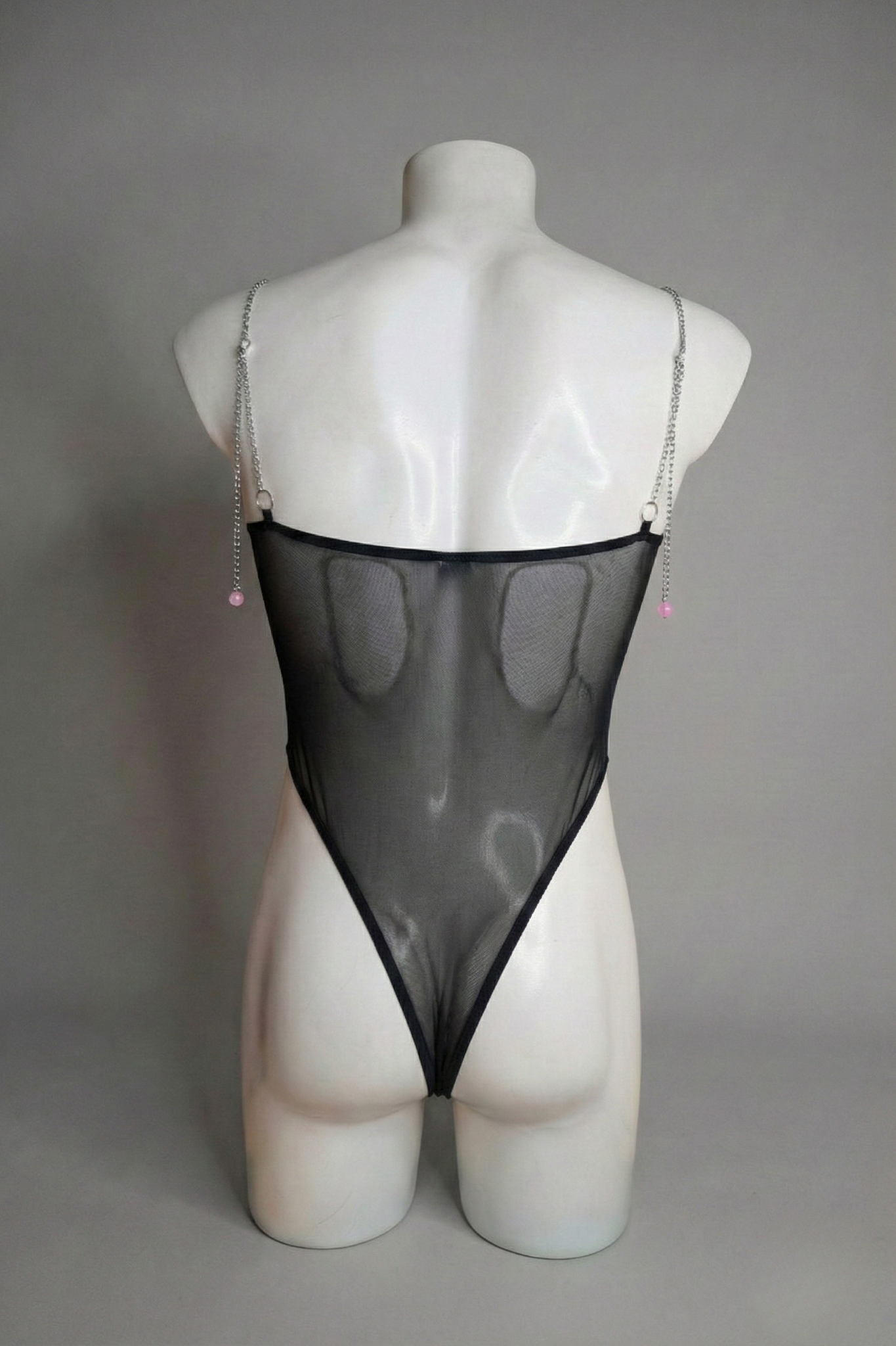 Men's Black Sheer Mesh Bodysuit with Metal Chain Straps - Gothic Rave Leotard