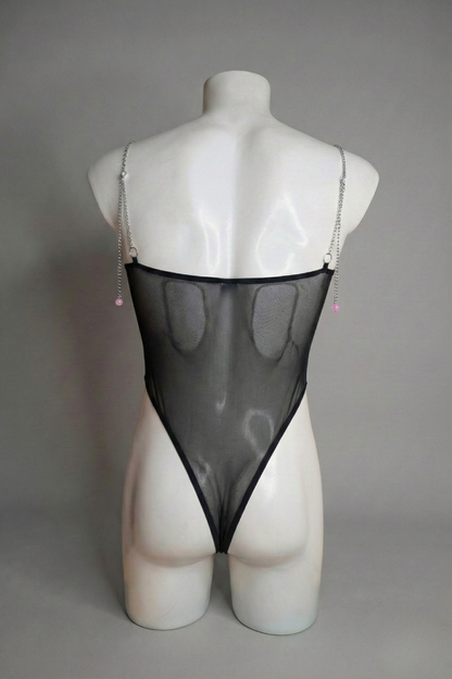 Men's Black Sheer Mesh Bodysuit with Metal Chain Straps - Gothic Rave Leotard
