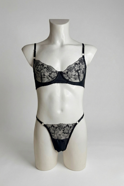 Men's Black Floral Lace Lingerie Set – Underwire Bra & Thong