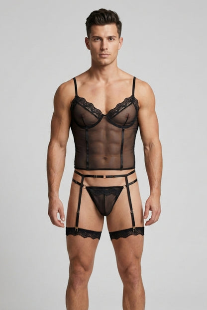 Man wearing black mesh corset top lingerie set for men - sheer cami top with lace trim, thong, garter belt and lace leg garters by Fire Pony
