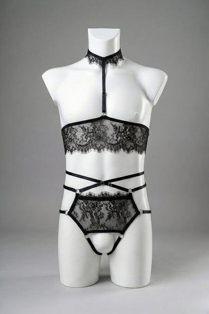Black lace ouvert lingerie set for men on mannequin - cupless bandeau top with lace choker and open panties, front view