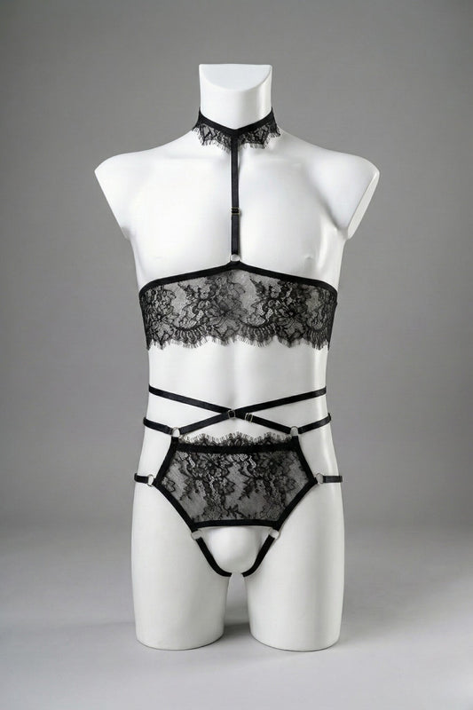 Black lace ouvert lingerie set for men on mannequin - cupless bandeau top with lace choker and open panties, front view