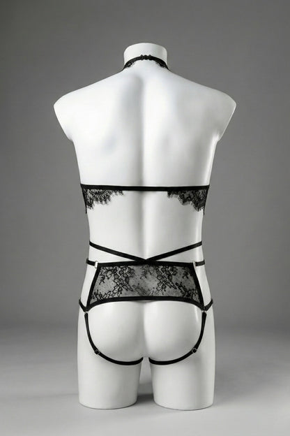 Back view of men's black lace ouvert set - lace back panel, open cut and adjustable straps