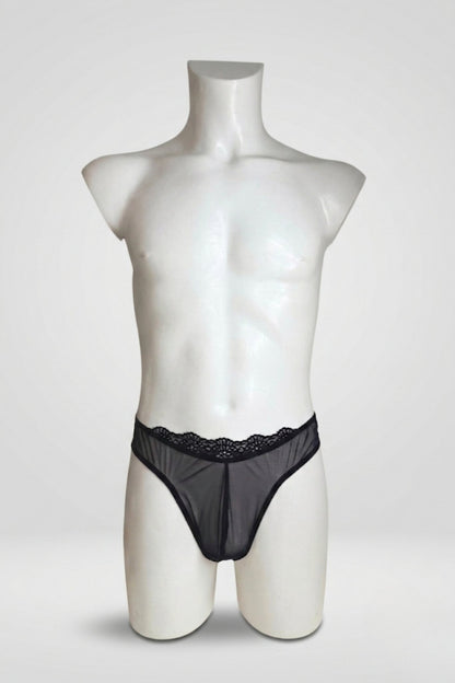 Black mesh and lace thong for men on mannequin - sheer mesh with scalloped lace waistband, front view